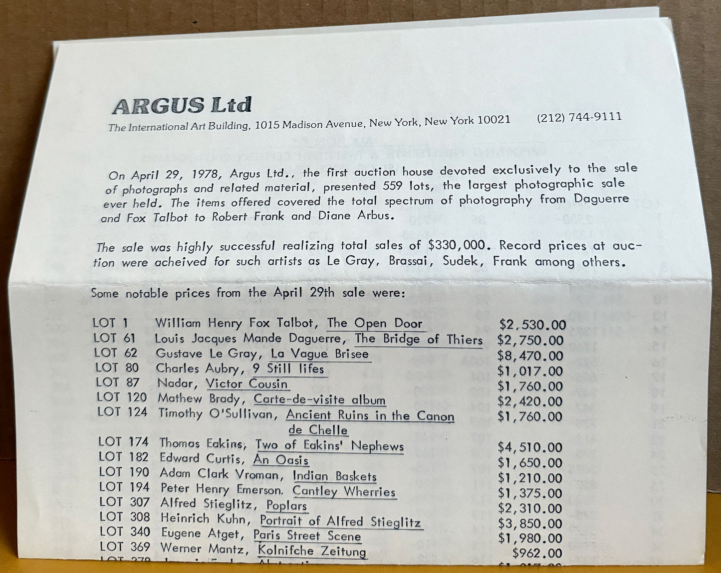 Photography Auction Catalog. Important Nineteenth & Twentieth Century Photographs and Related Material. Auction #5. April 29, 1978. Argus, Ltd., New York.