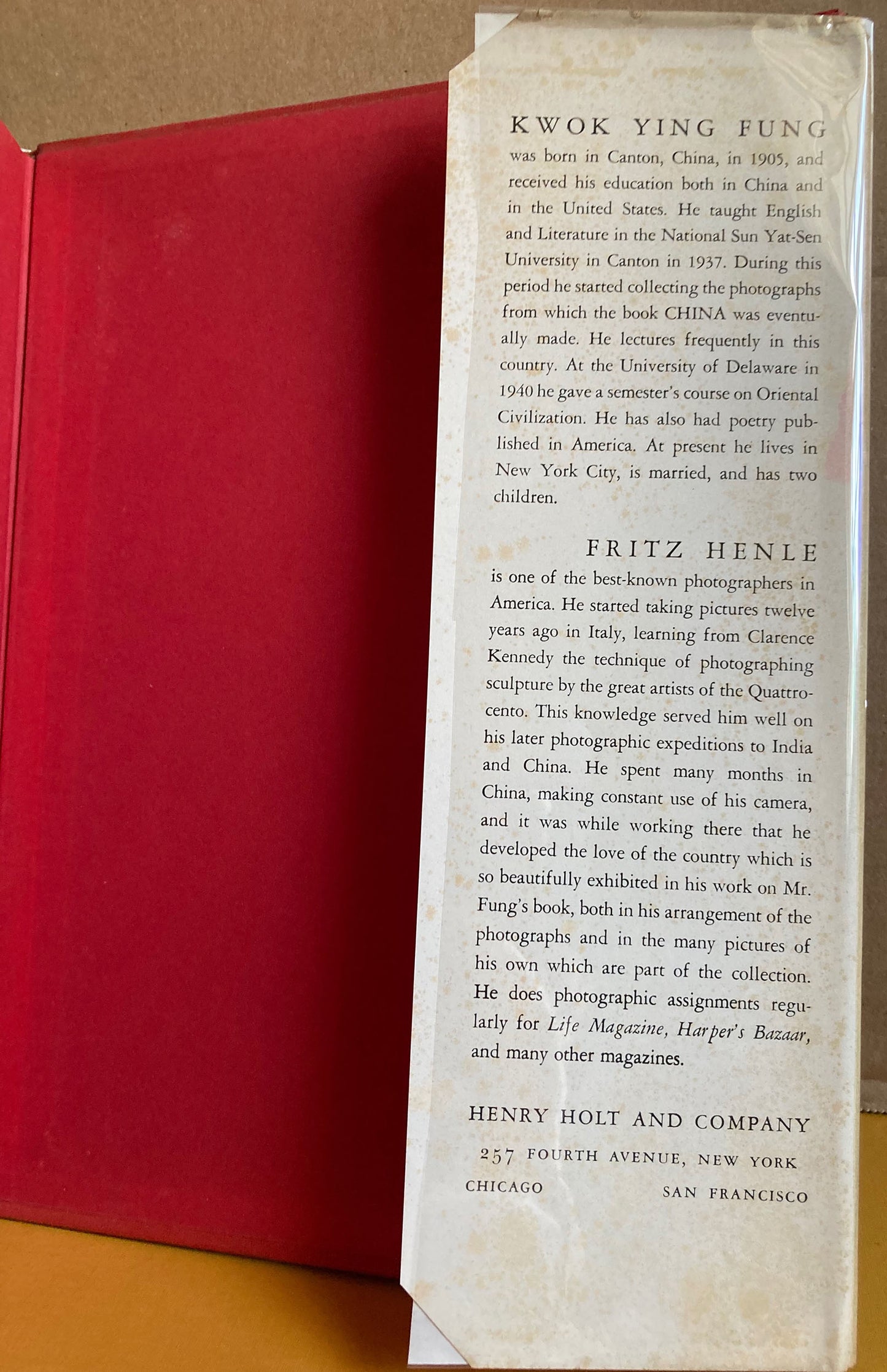China by Kwok Ying Fung with Fritz Henle. Henry Holt & Co., 1943, with dust jacket.