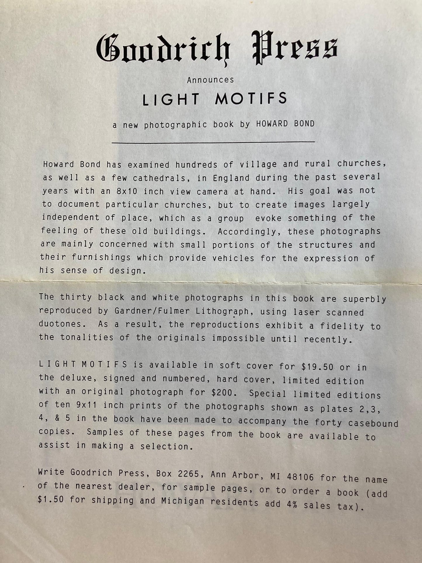 Bond, Howard. Light Motifs. Signed first edition with extras.