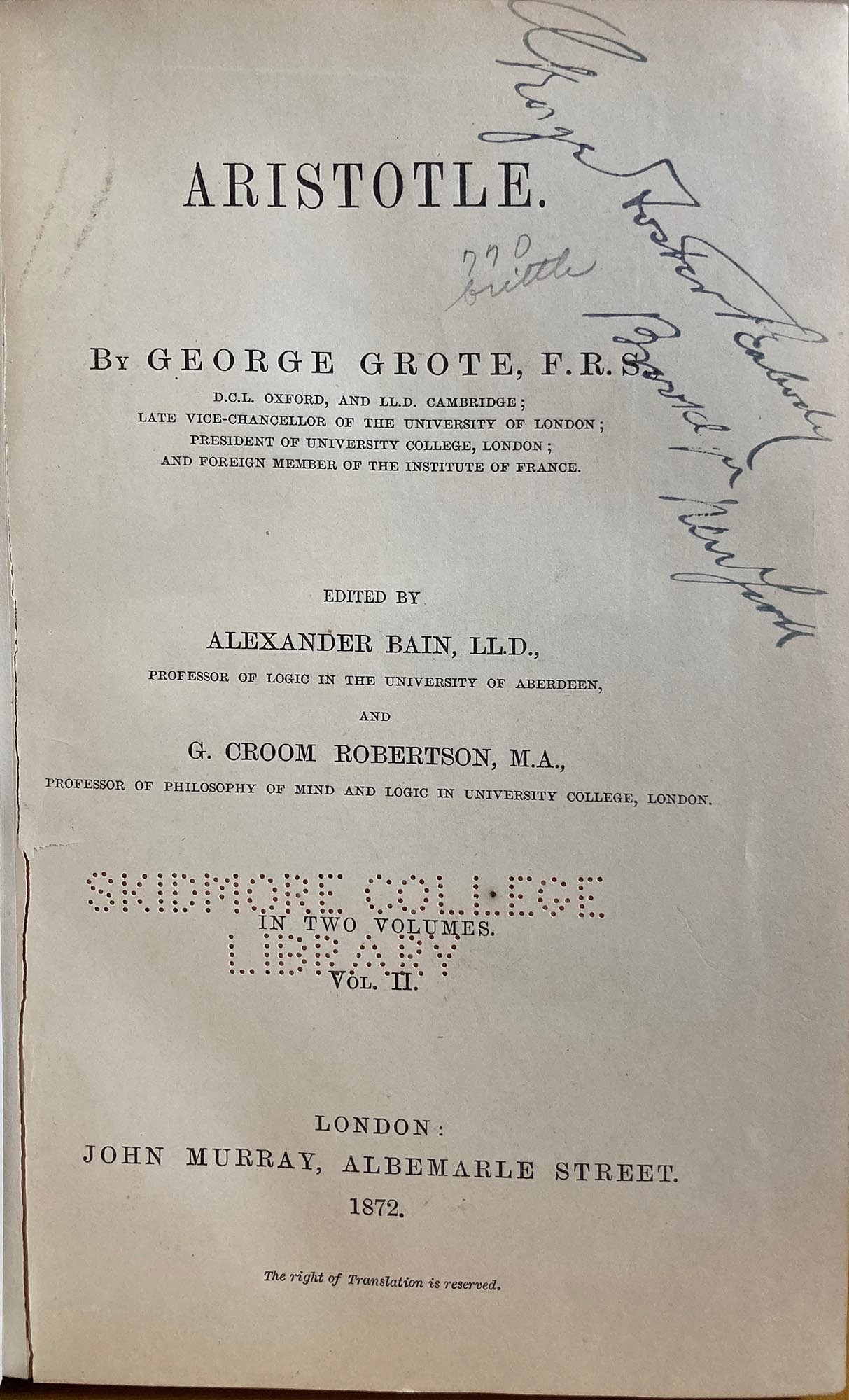 Aristotle, Volume 2 of 2 by George Grote. 1st ed. with interesting provenance.