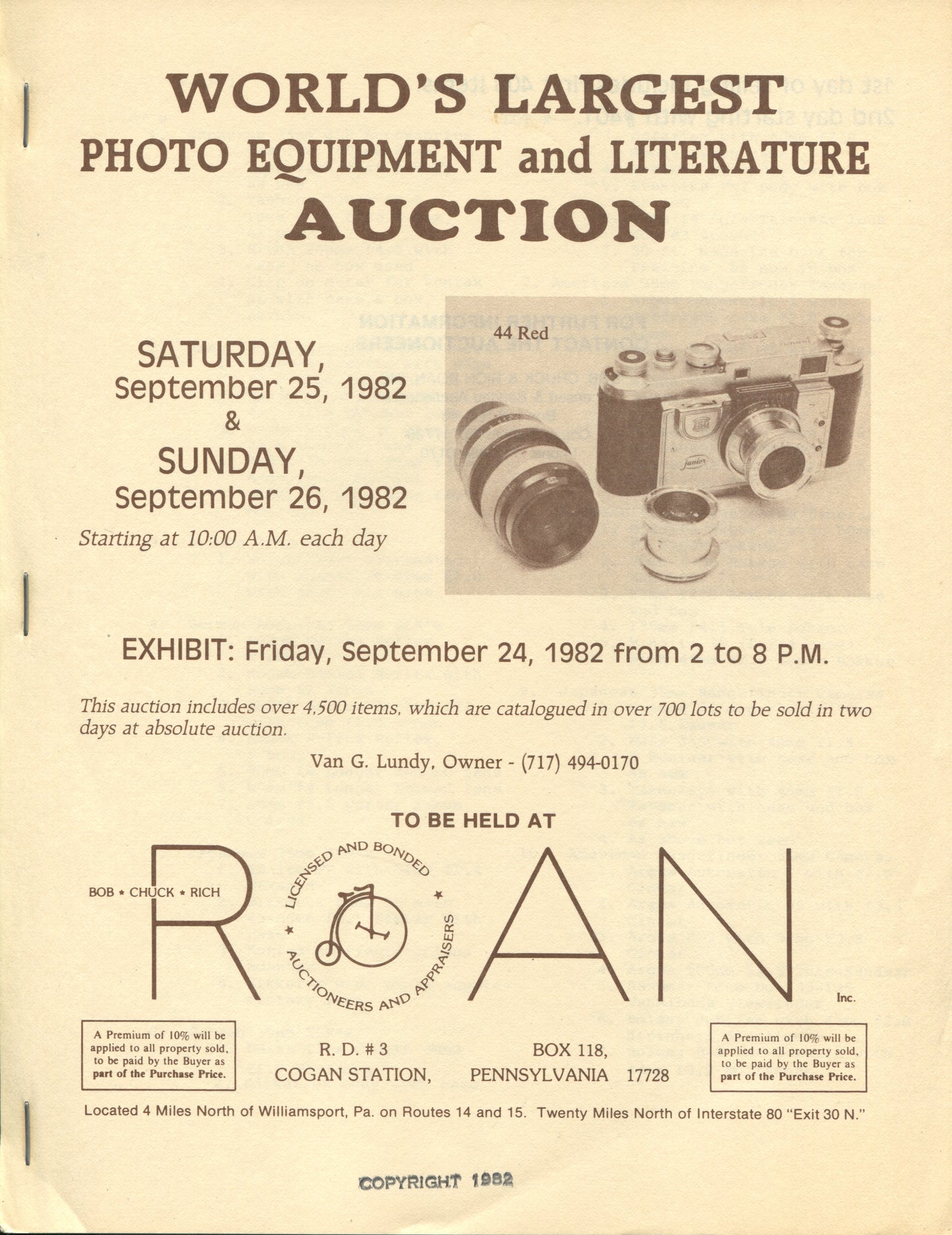 Photographica Auction Catalog. Photographica. World’s Largest Photo Equipment and Literature Auction, Saturday, September 25, 1982 & Sunday, September 26, 1982.