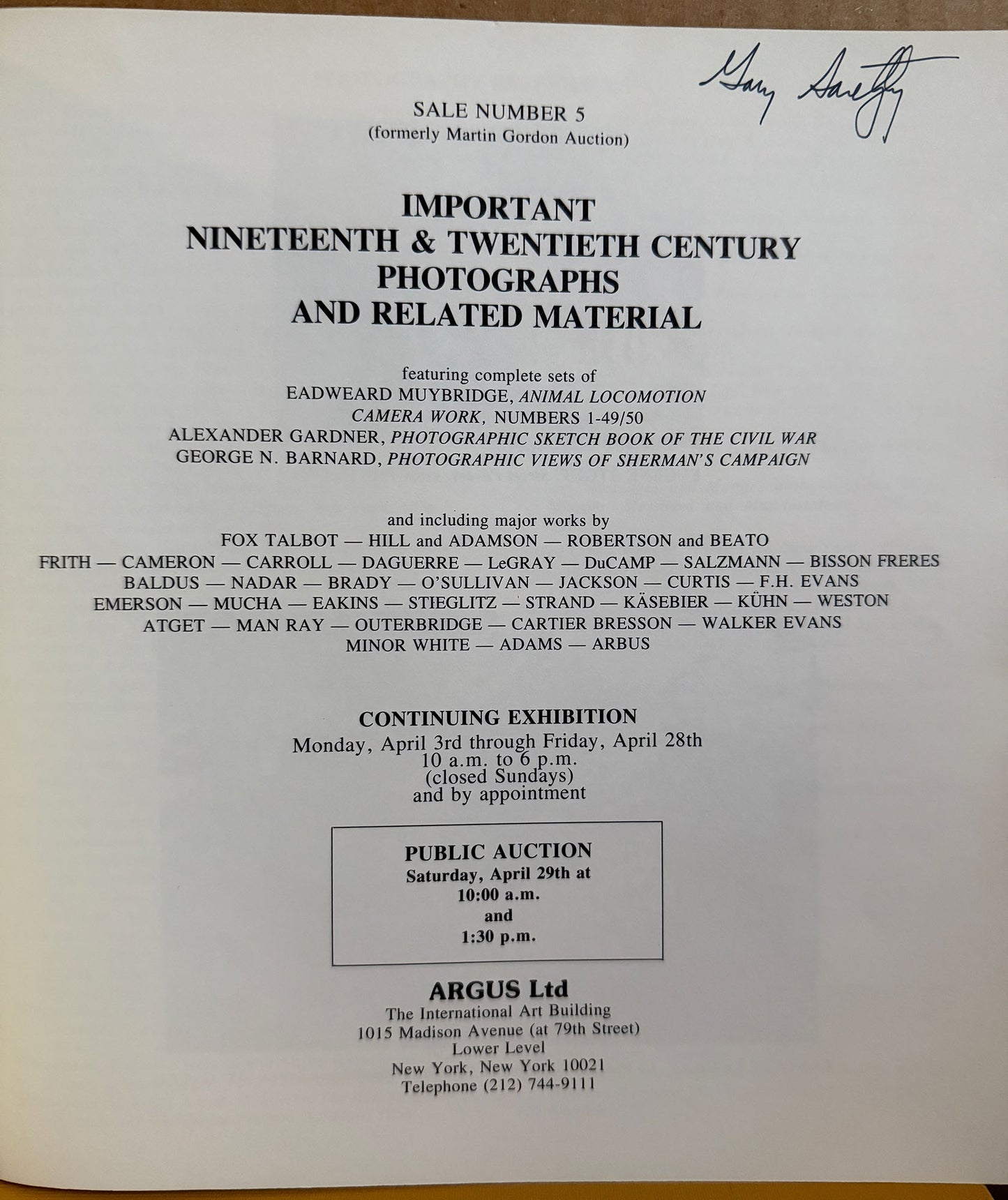 Photography Auction Catalog.  Important Nineteenth & Twentieth Century Photographs and Related Material. Auction #5. April 29, 1978. Argus, Ltd., New York.