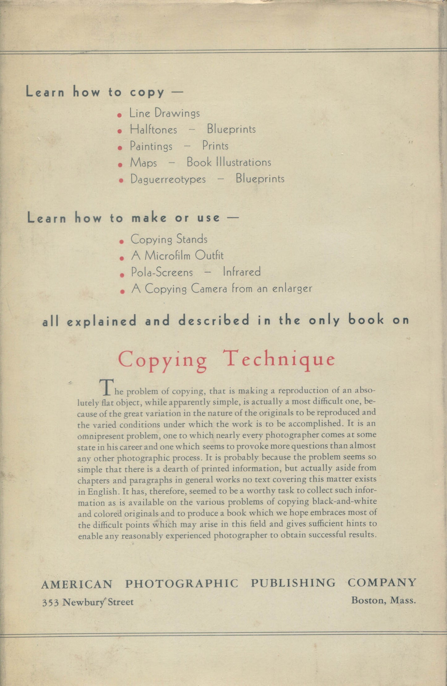 Copying Technique, compiled by Frank R. Fraprie and Robert H. Morris.