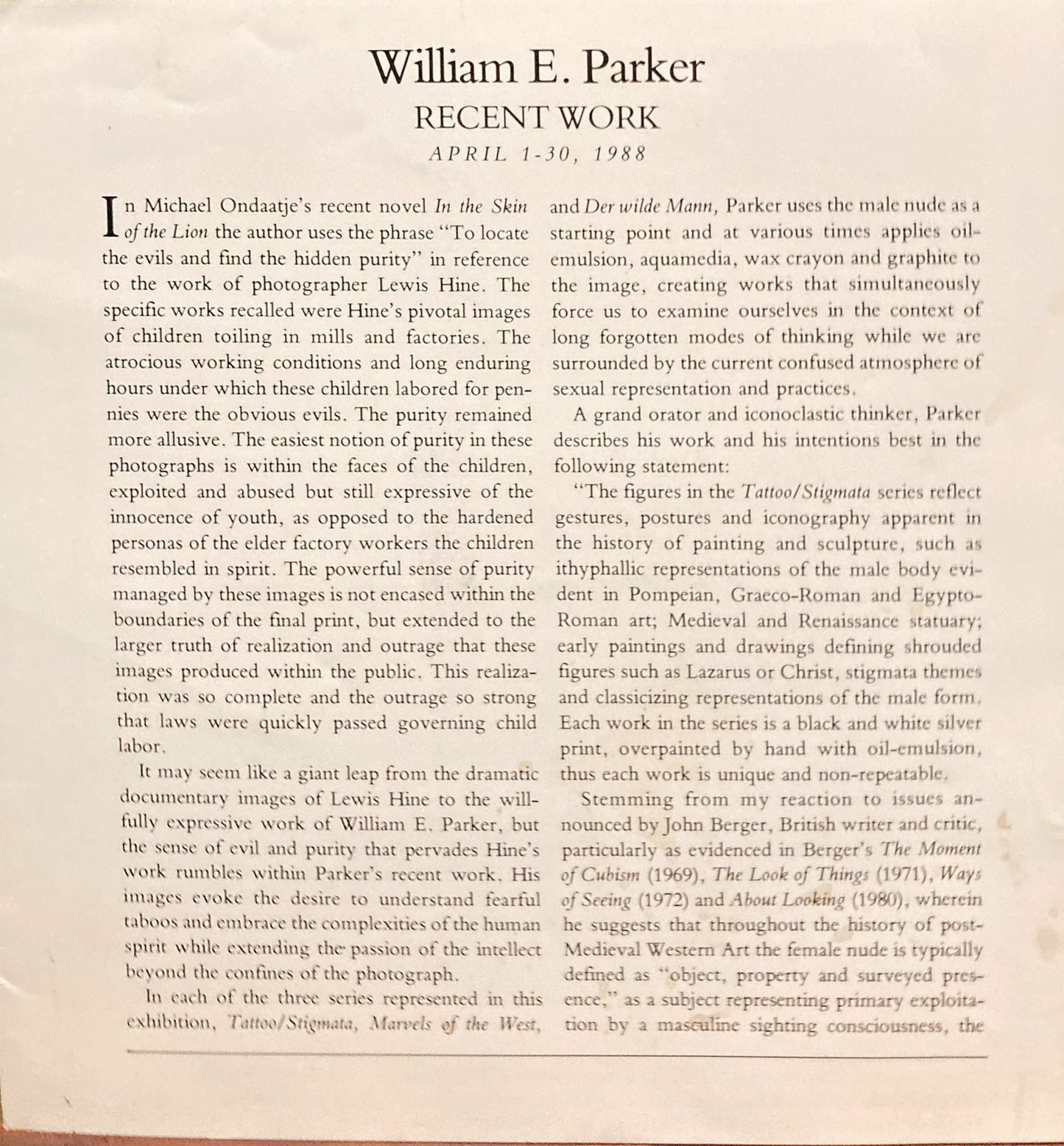 Parker, William E. William E. Parker. Recent Work. April 1-30, 1988.