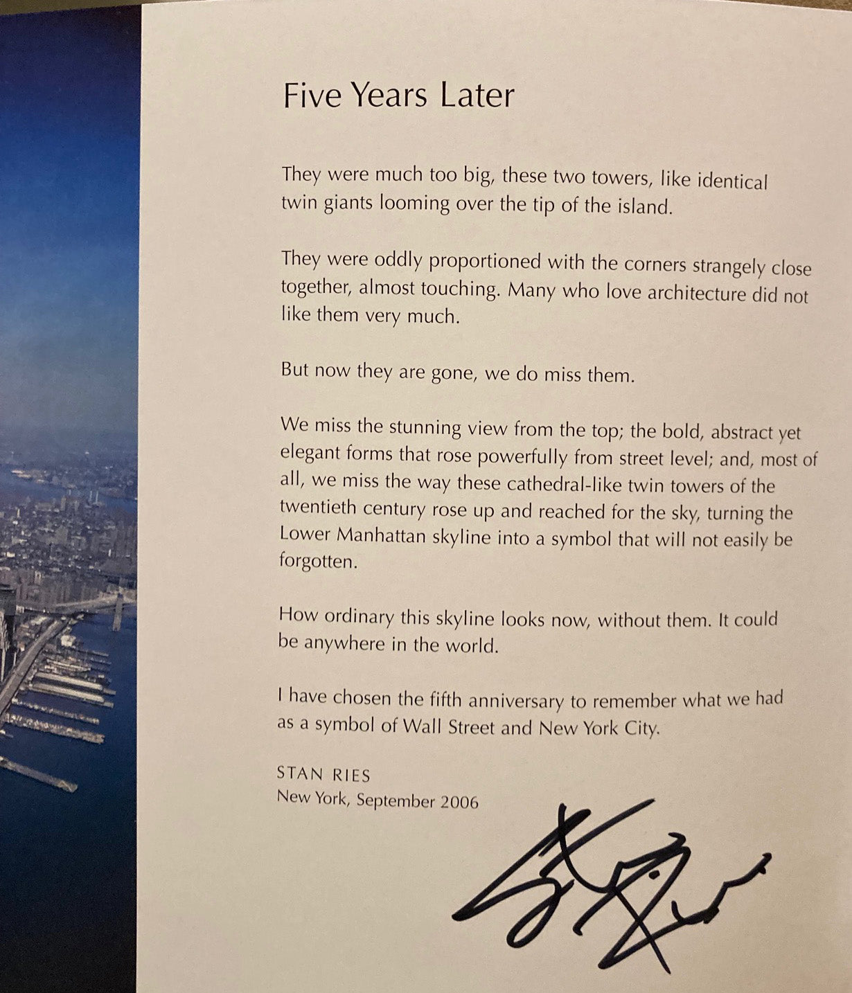 Ries, Stan. The World Trade Center Remembered by Stan Ries.  Signed.