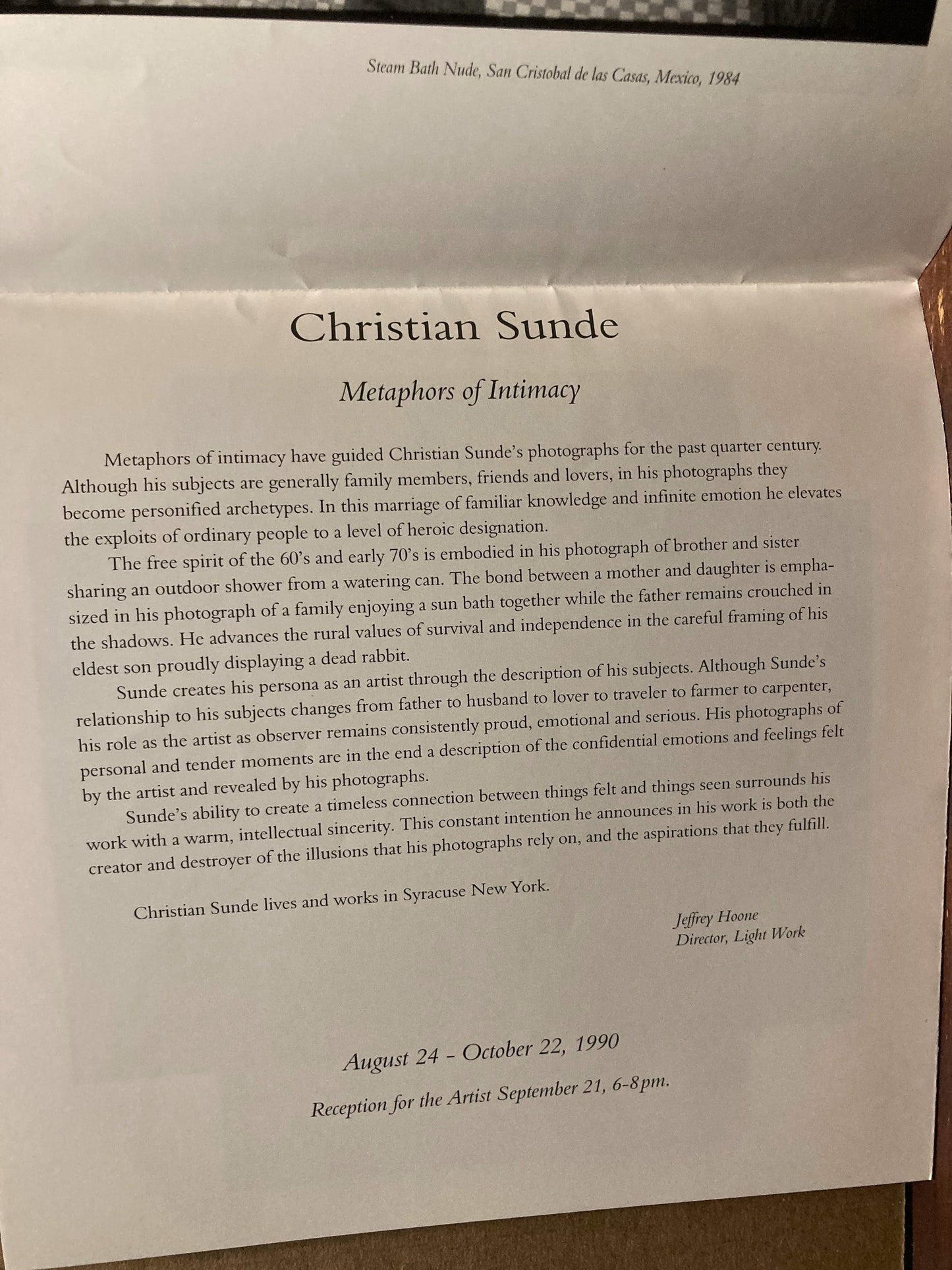 Sunde, Christian. Christian Sunde. Metaphors of Intimacy. August 24 - October 22, 1990.