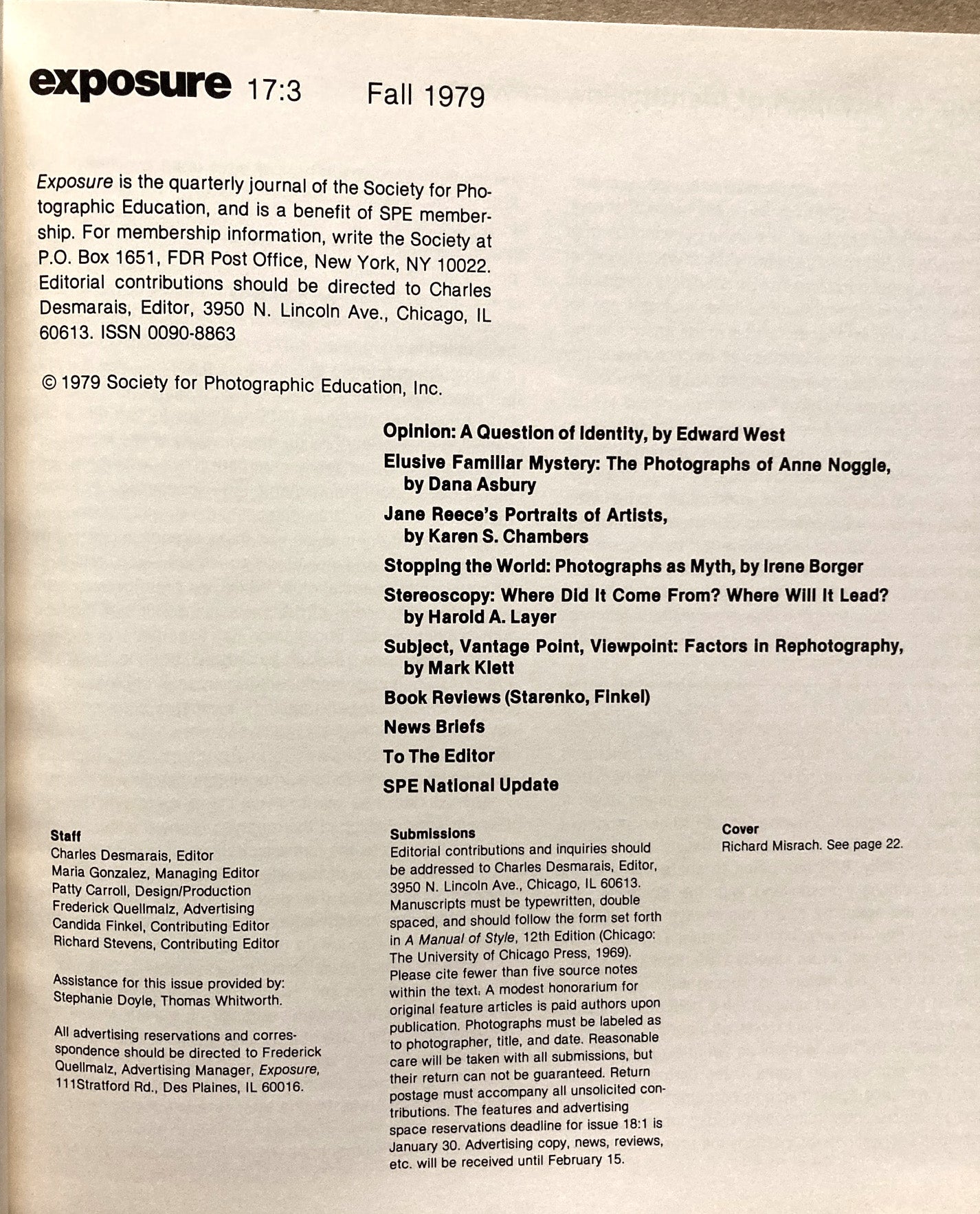 Exposure, Journal of the Society for Photographic Education, 17:3, Fall 1979. Anne Noggle, Jane Reece, Mark Klett, et al.