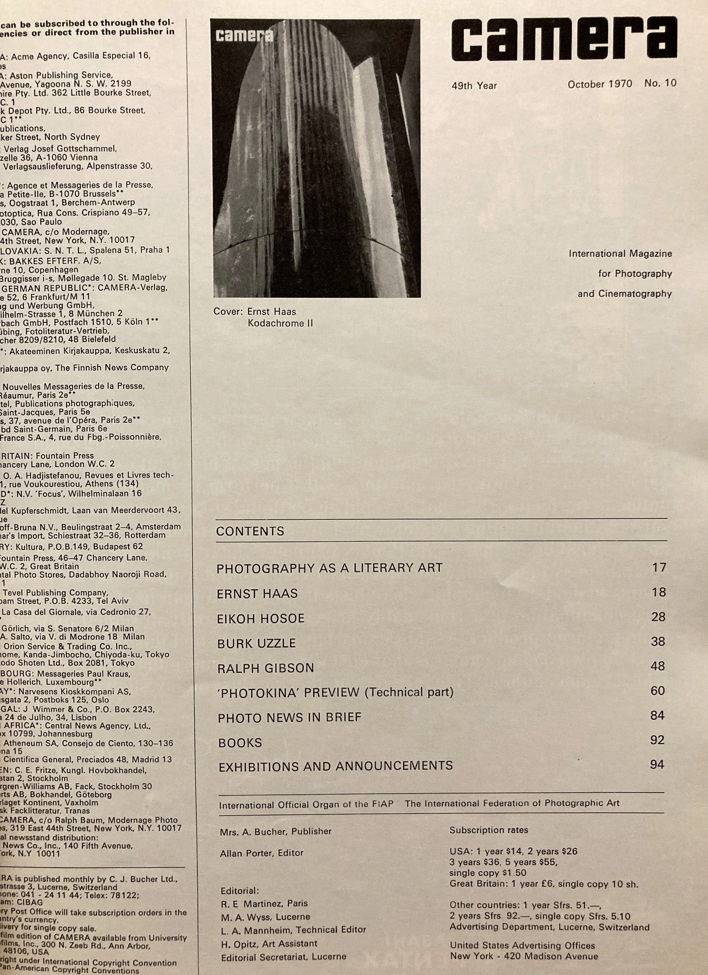 Camera, Volume 49, No. 10, October 1970. Photography as a Literary Art. Ernst Haas, Eikoh Hosoe, et al.