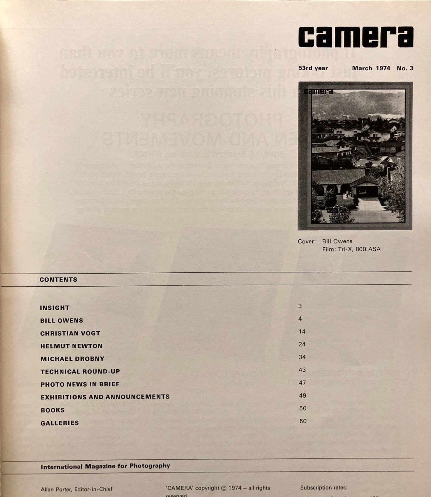 Camera, March 1974. Volume 53, No. 3. Insight. Bill Owens, Christian Vogt, et al.