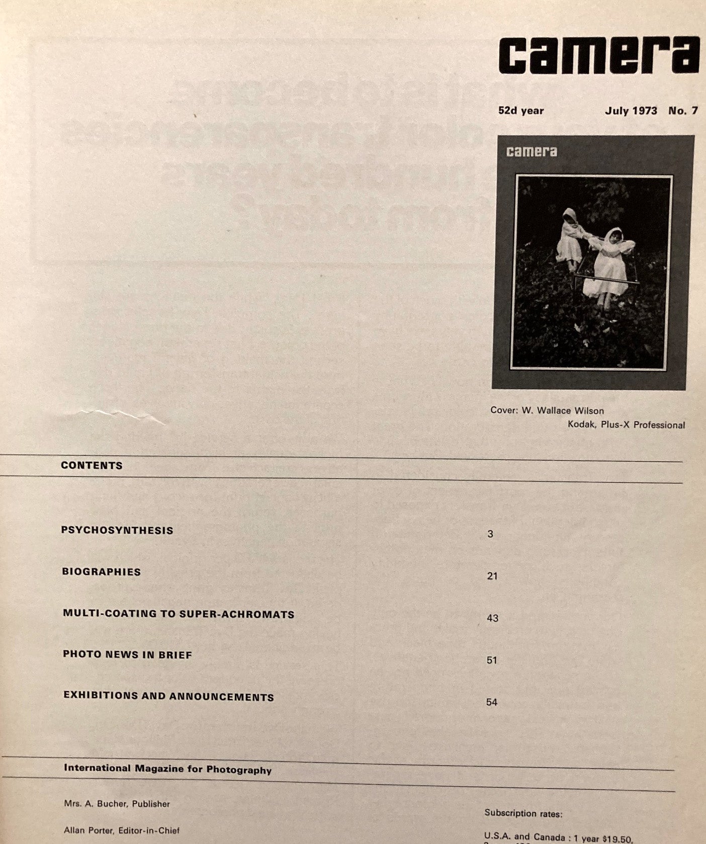 Camera, July 1973. Volume 52, No. 7. Psychosynthesis. James Nachtwey, et al.